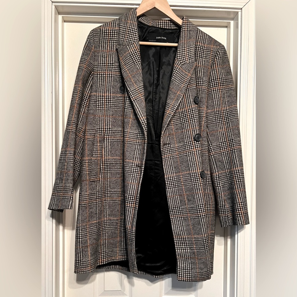 Zara Basic Women’s Black White Yellow Plaid Mid Length Jacket Coat